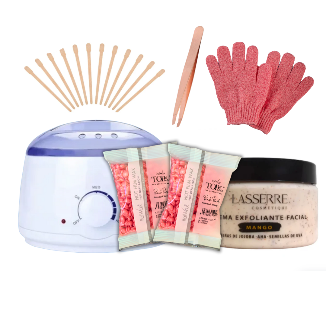 Set cuidado facial completo: guantes exfoliantes + exfoliante facial Laserre + pinzas + 200gr cera pink + olla pro wax + 10 aplicadores cejas